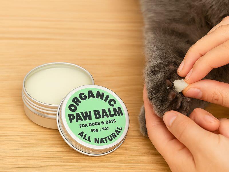 Boîte verte et blanche de baume coussinets bio 60g – produit d’<strong>hygiène</strong> naturel pour protéger et apaiser les pattes de votre chat.